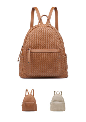 Brown woven backpack with two additional colors on a white background
