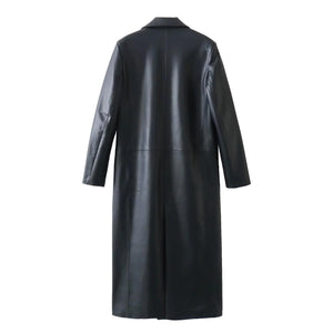 Black women's loose fit faux leather coat on a white background
