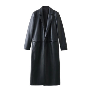 Black women's loose fit faux leather coat on a white background
