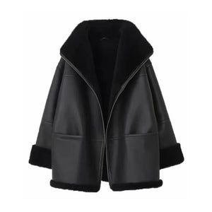 Black leather jacket with fur trim on a white background