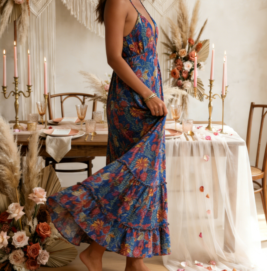 Woman in a floral print maxi dress standing in a decorated room with candles and flowers.