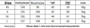 Table displaying clothing measurements and weights for different sizes.
