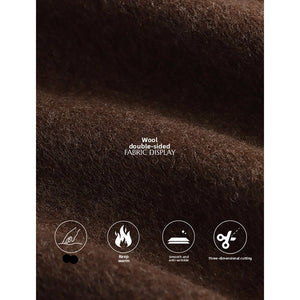 Brown wool fabric with text and icons indicating properties