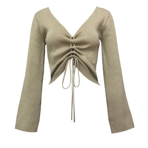 V-Neck Drawstring Knit Sweater - True Garment
