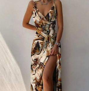 V-Neck Printed Slit Dress - True Garment