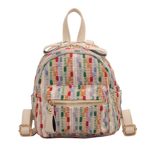 rainbow knit backpack on a white background