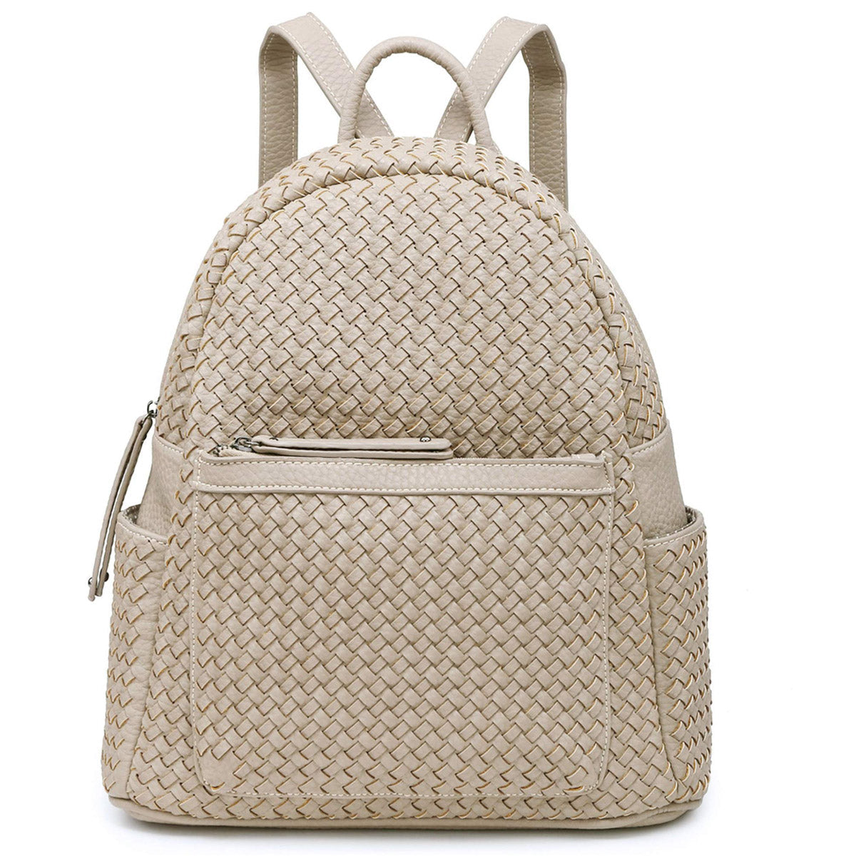 Beige woven vegan leather backpack purse on a white background