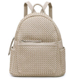 Beige woven vegan leather backpack purse on a white background
