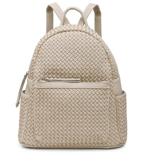 Beige woven vegan leather backpack purse on a white background