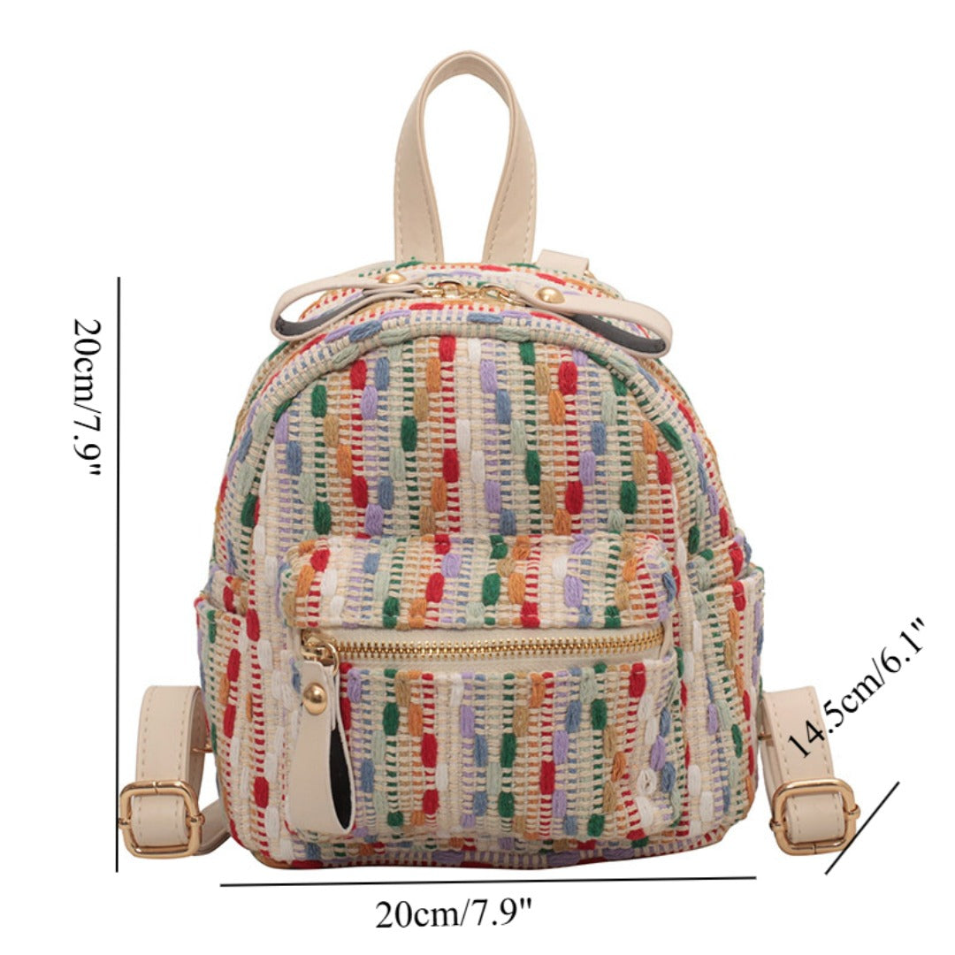 rainbow knit mini backpack with measurements on a white background