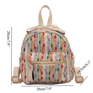 rainbow knit mini backpack with measurements on a white background