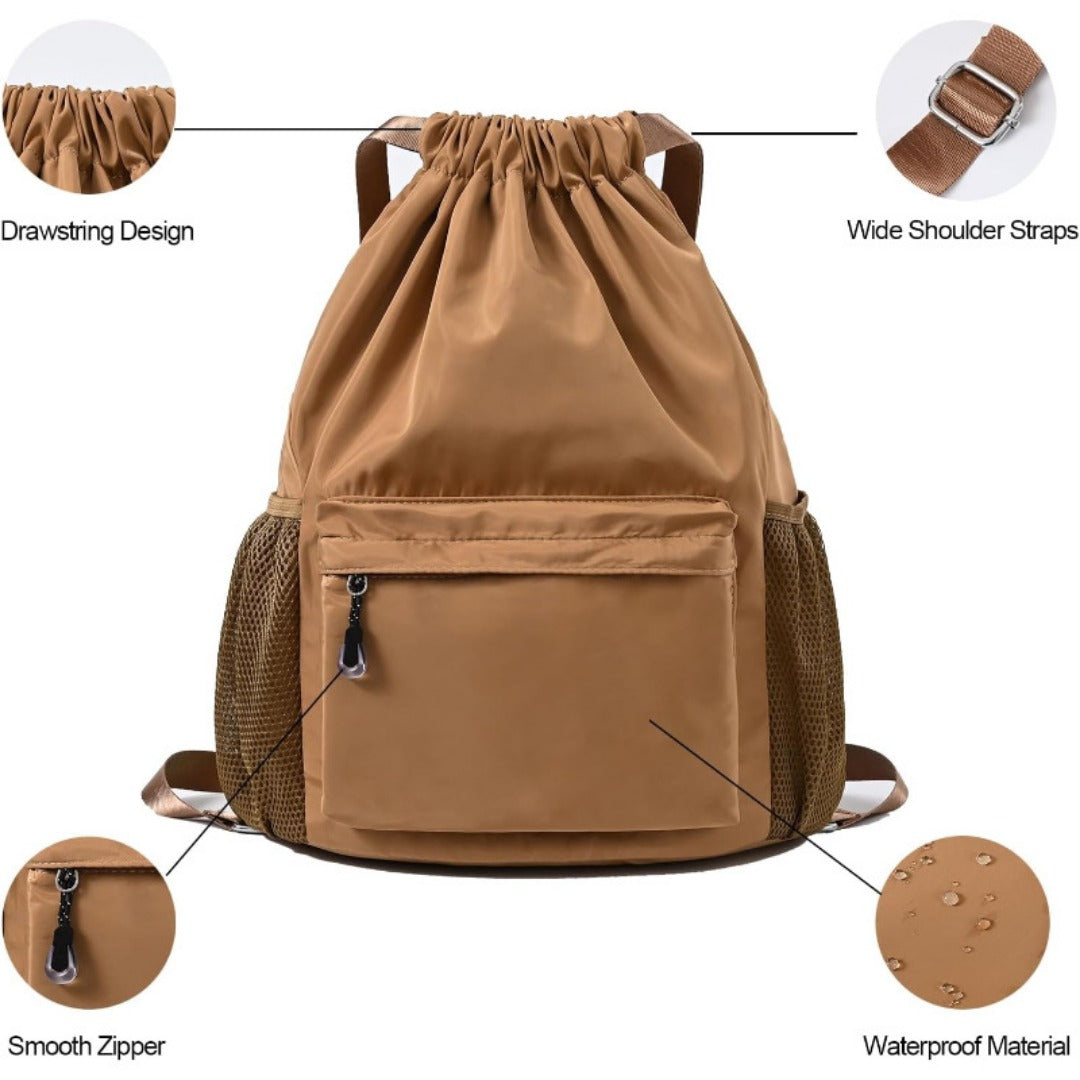Brown drawstring backpack with features highlighted on a white background