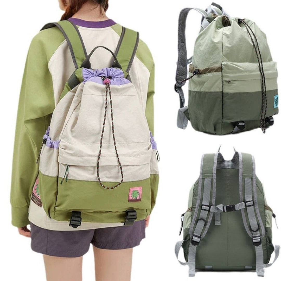 Green and beige backpack with drawstring bag, worn by a person, on a white background.