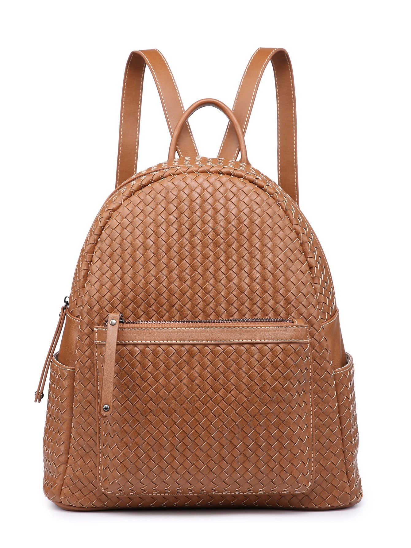 woven vegan leather backpack purse on a white background