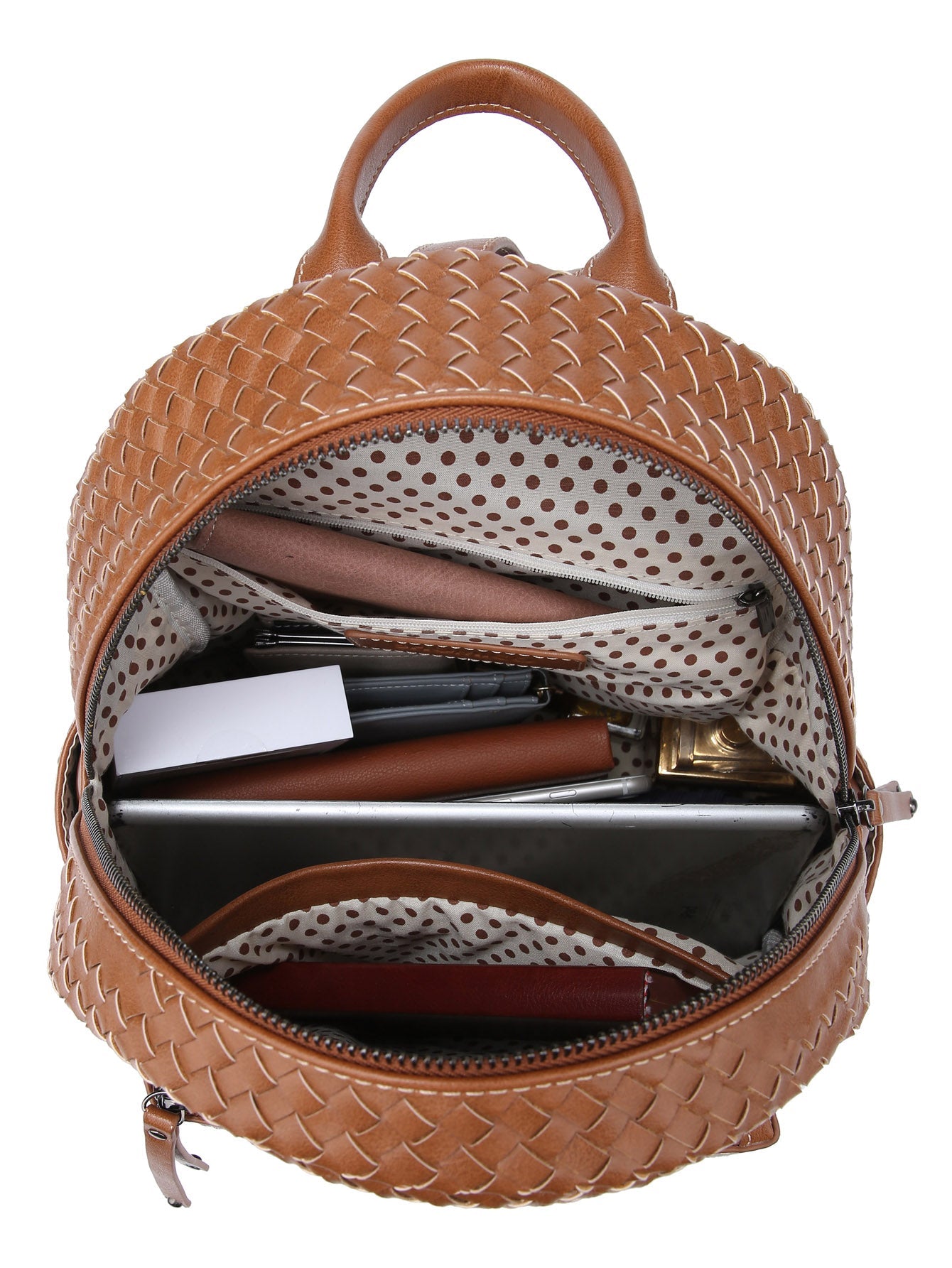 Brown woven backpack with open front compartment showing interior details on a white background