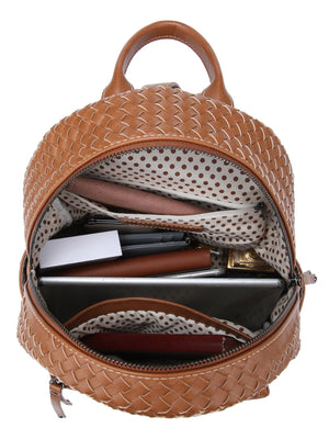 Brown woven backpack with open front compartment showing interior details on a white background