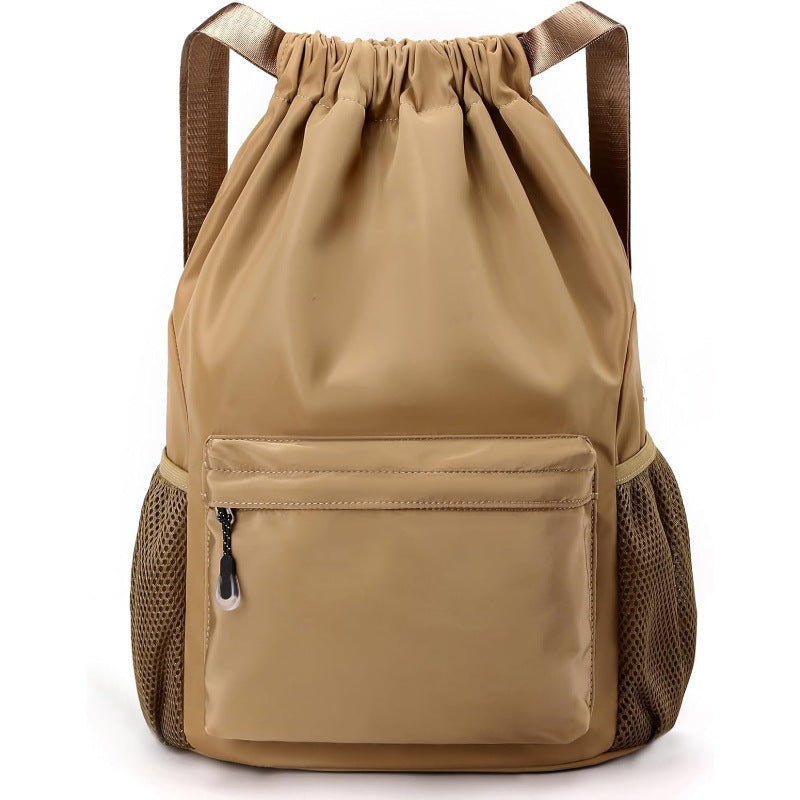 Beige drawstring bag with a pocket and mesh side on a white background
