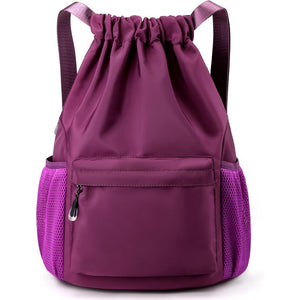 Purple drawstring backpack with a pocket on a white background