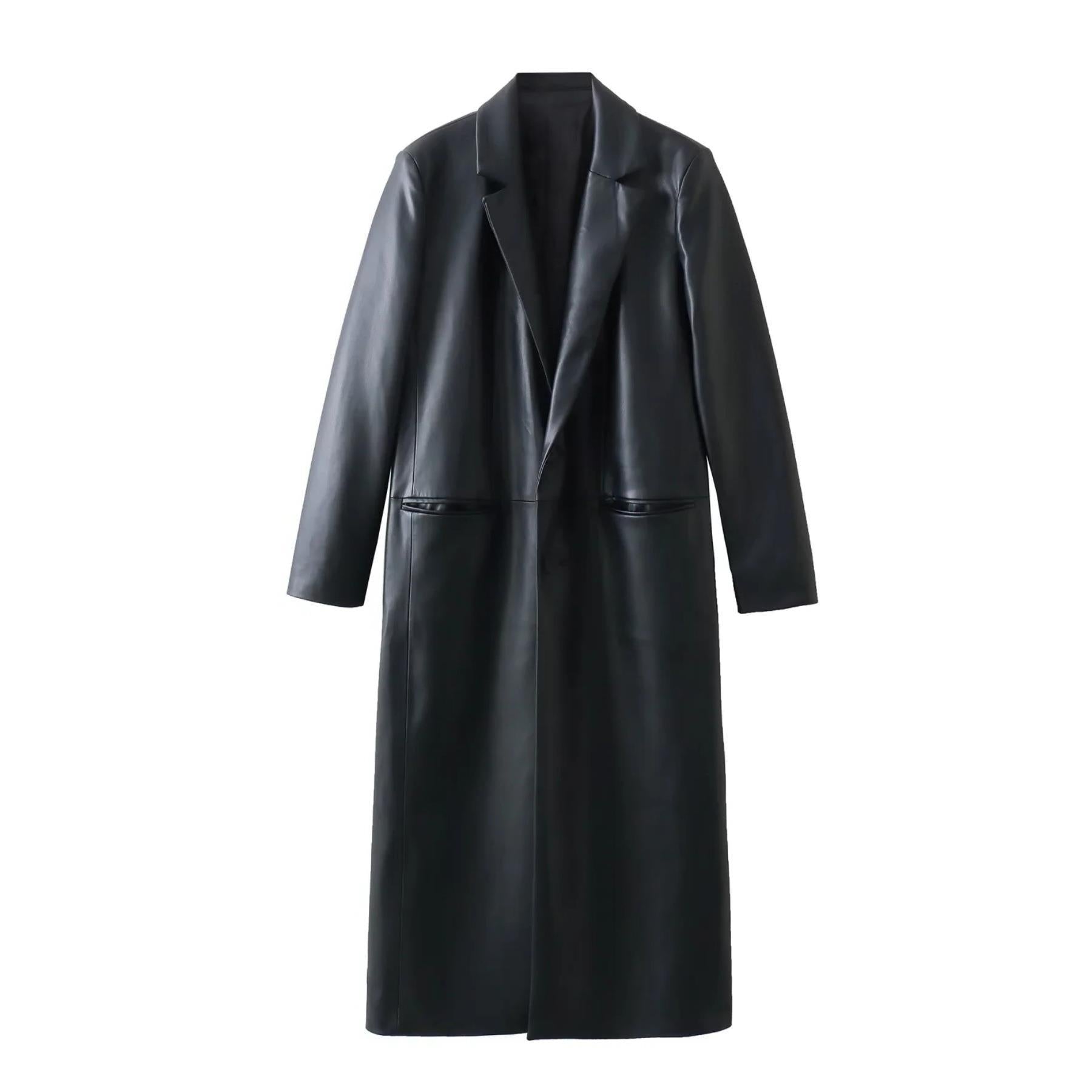 Black women's loose fit faux leather coat on a white background