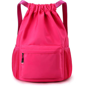 Pink drawstring backpack with a pocket on a white background