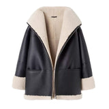 Black shearling collar biker jacket with beige shearling lining on a white background