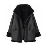 Black leather jacket with fur trim on a white background