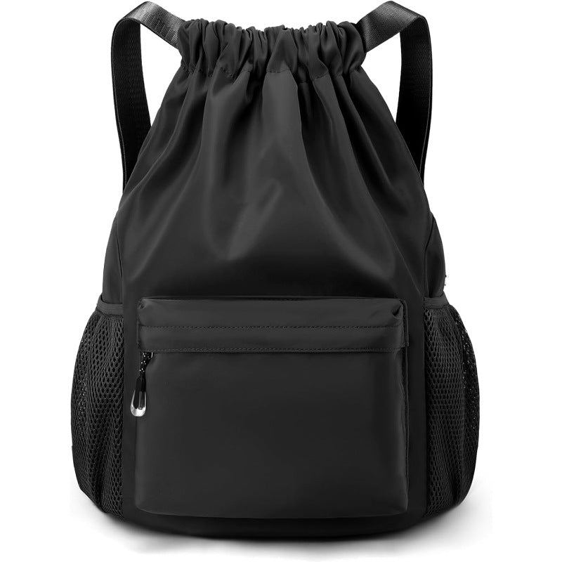 A black drawstring backpack with a front zippered pocket and side mesh pockets, shown against a plain white background.