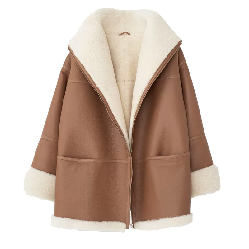 Brown shearling collar biker jacket with white fur lining on a white background