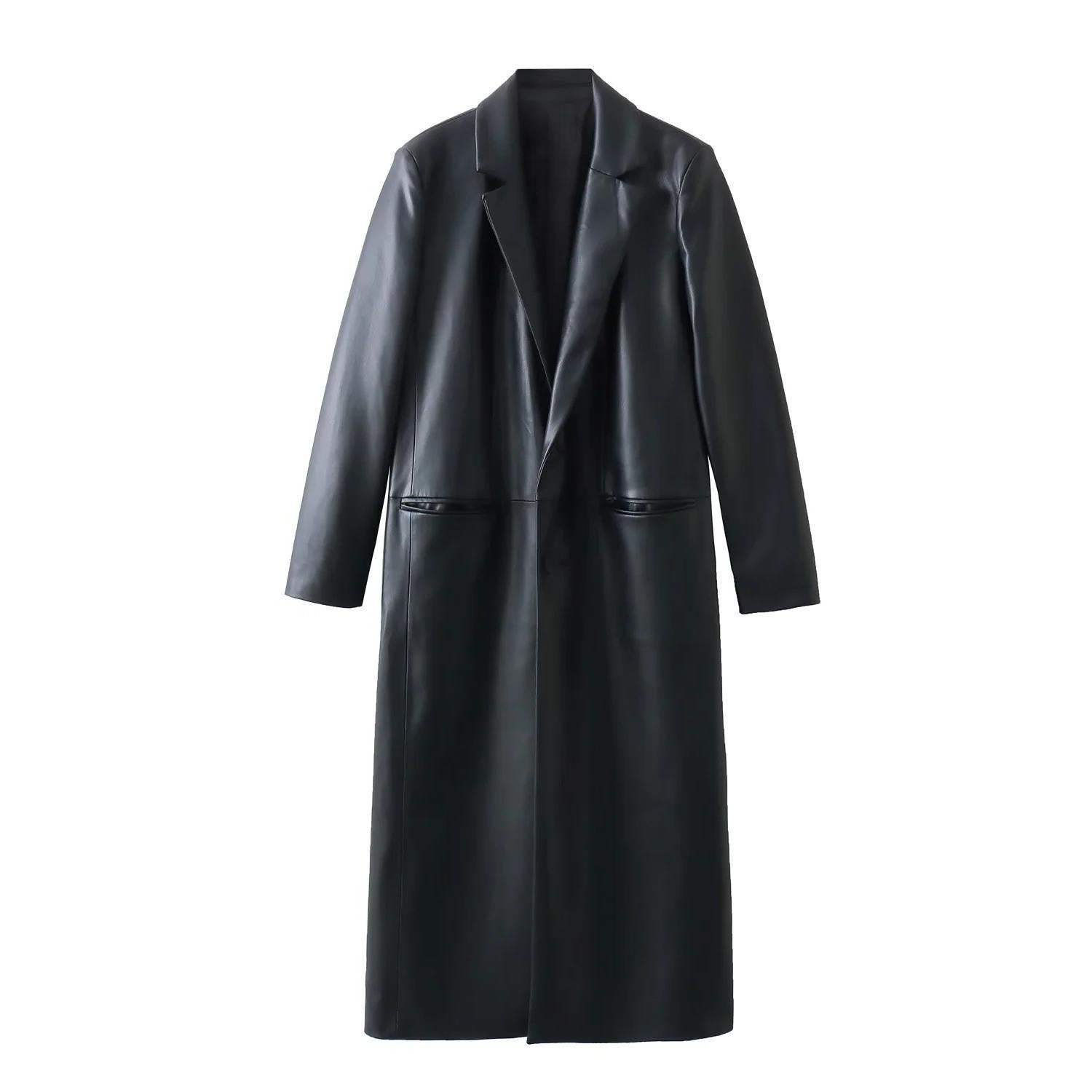 Black women's loose fit faux leather coat on a white background