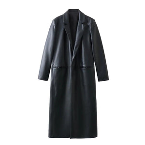 Black women's loose fit faux leather coat on a white background