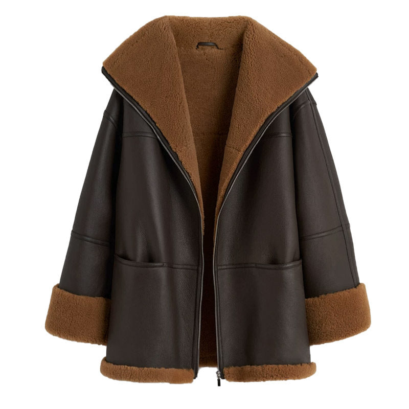 Brown leather jacket with brown shearling lining on a white background