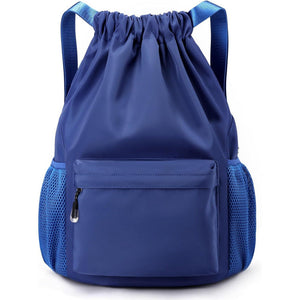 Blue drawstring backpack with a front pocket on a white background