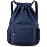 Navy blue drawstring backpack with a front pocket on a white background