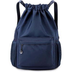Navy blue drawstring backpack with a front pocket on a white background