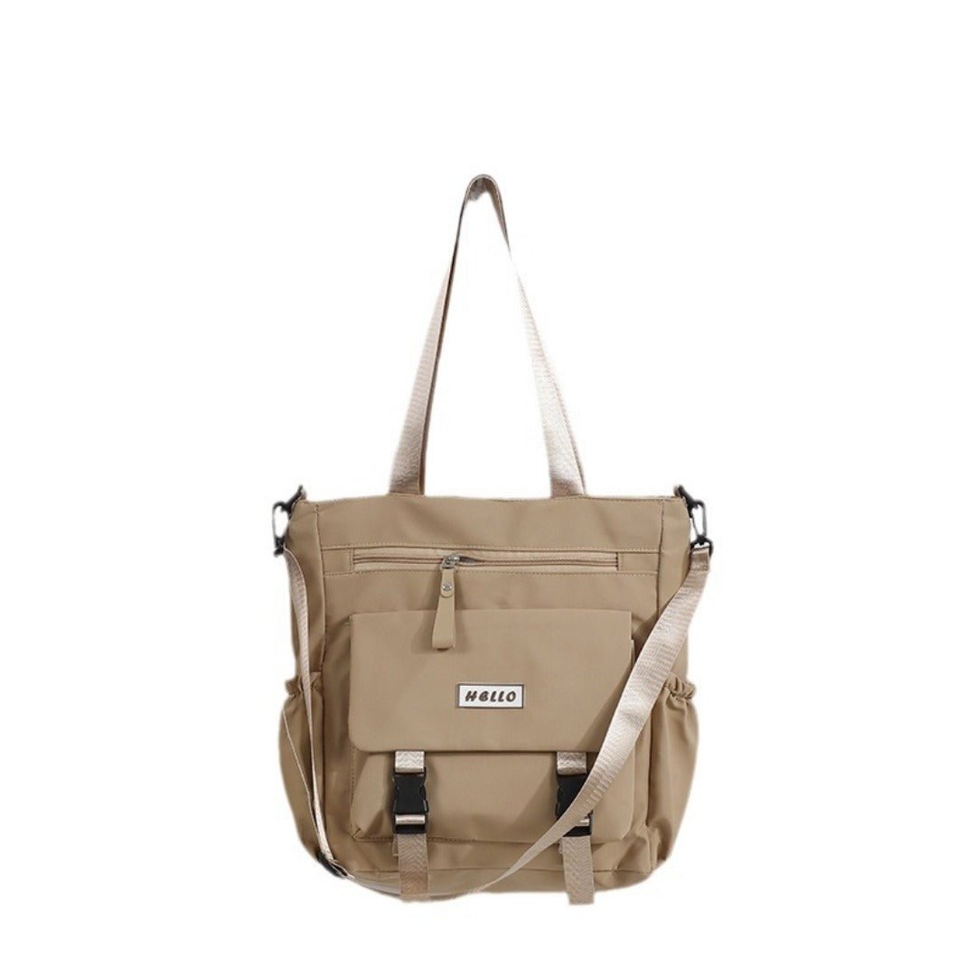 Model carrying casual fashion tote bag