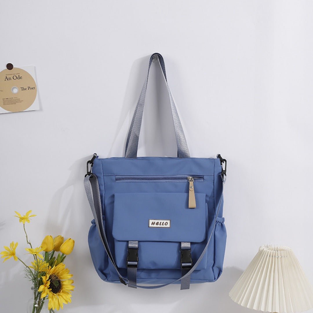 Model carrying casual fashion tote bag