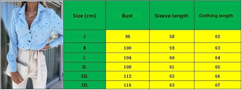 A size chart table showing measurements in centimeters for sizes S through XXXL, with columns for Bust, Sleeve length, and Clothing length. A model wearing a light blue polka-dot blouse is shown on the left side of the chart.