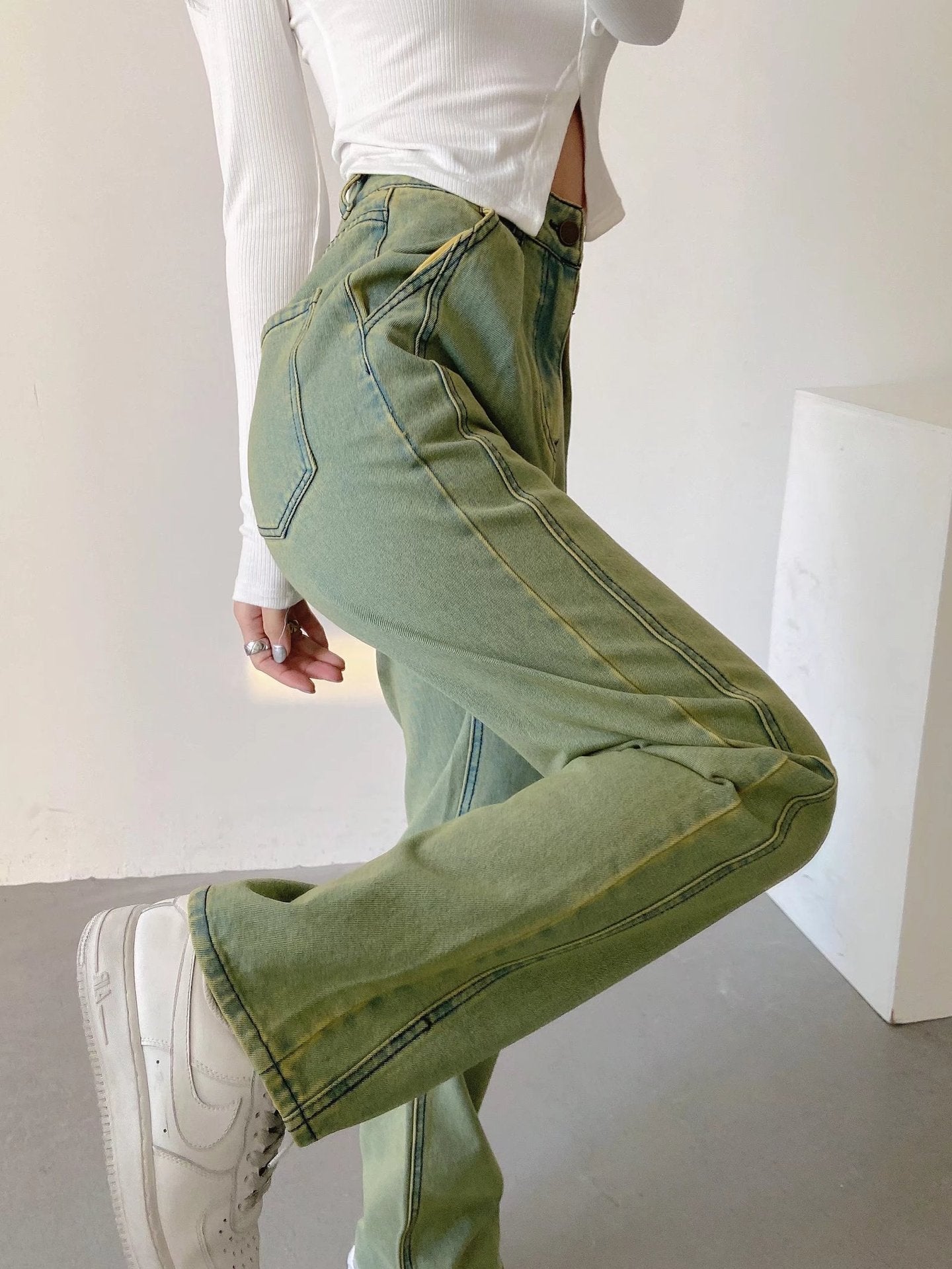 Trendy Green Straight Jeans - True Garment