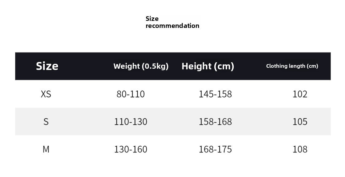 Size recommendation chart for clothing with weight, height, and clothing length ranges.