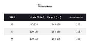 Size recommendation chart for clothing with weight, height, and clothing length ranges.