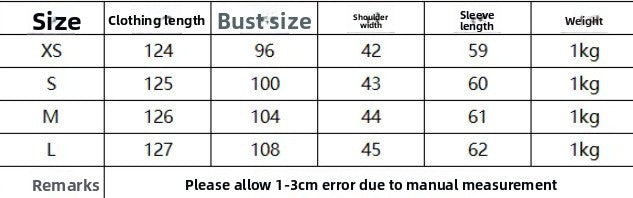 Table displaying clothing measurements and weights for different sizes.