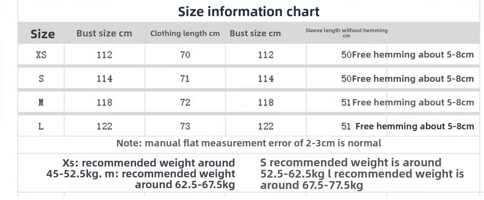 Size information chart for clothing with measurements and weight recommendations.