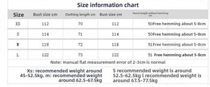 Size information chart for clothing with measurements and weight recommendations.