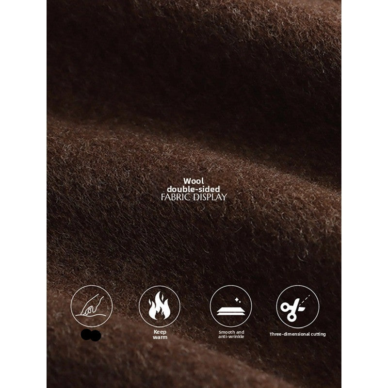 Brown wool fabric with text and icons indicating properties