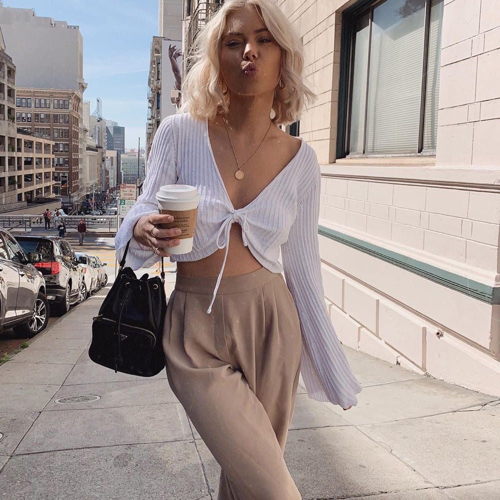 V-Neck Drawstring Knit Sweater - True Garment