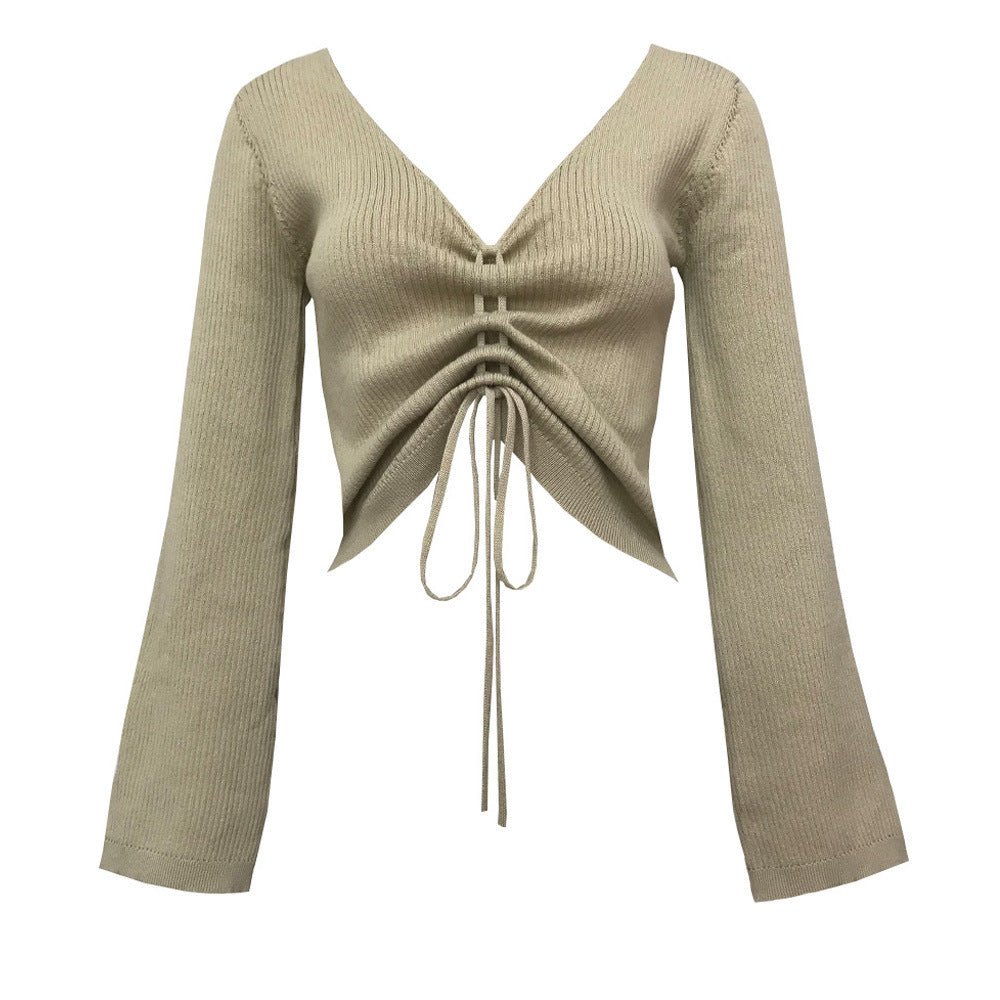 V-Neck Drawstring Knit Sweater - True Garment