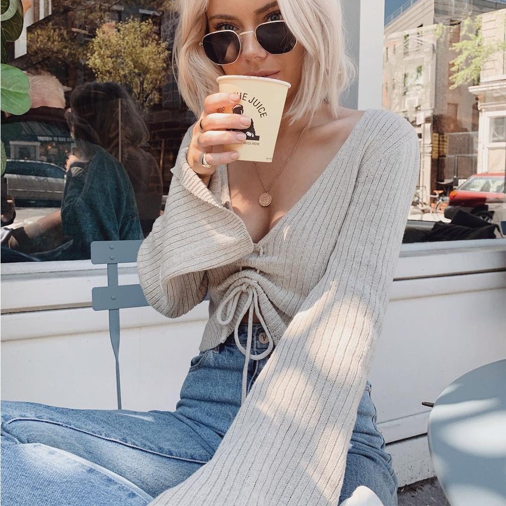 V-Neck Drawstring Knit Sweater - True Garment