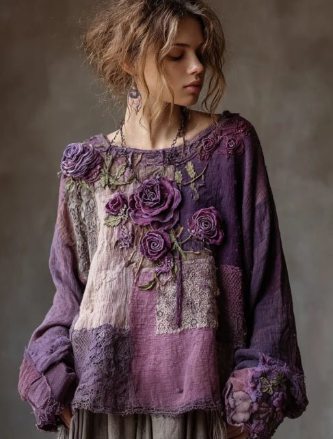 Vintage Purple Roses Lace Blouse - True Garment