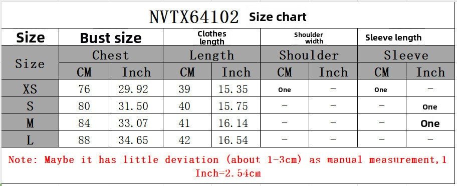 Size chart for clothing with measurements in centimeters and inches.
